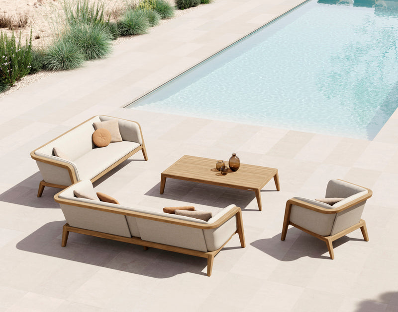 Sunrise coffee table teak brushed, 165 x 74cm, 35cm hoog