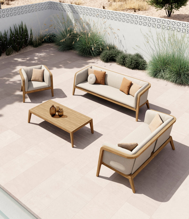 Sunrise coffee table teak brushed, 165 x 74cm, 35cm hoog