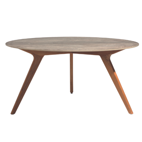 Torsa tafel rond 148, frame teak, top ceramic travertin geo